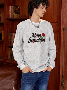 Men Letter & Floral Print Sweatshirt - Light Grey - View 4