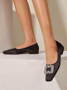 Glamorous Black Flats For Women, Rhinestone Decor Square Toe Satin Ballet Flats - Black - View 5
