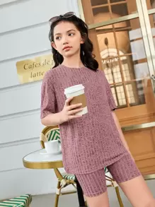 SHEIN 青少年女孩配對圓領短袖寬鬆T卹和自行車短褲 - 藕粉色 - 查看 2