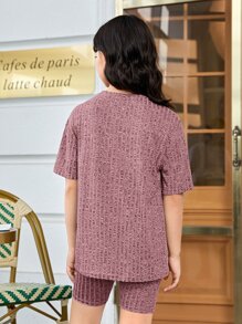 SHEIN 青少年女孩配對圓領短袖寬鬆T卹和自行車短褲 - 藕粉色 - 查看 3