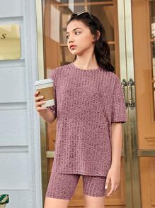 SHEIN 青少年女孩配對圓領短袖寬鬆T卹和自行車短褲 - 藕粉色 - 查看 4