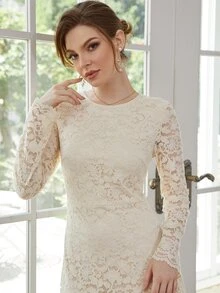 Zip Back Layered Hem Lace Dress - Beige - View 3