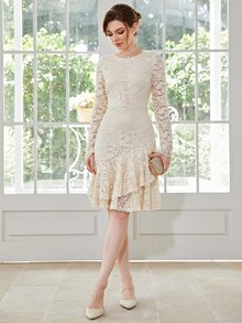 Zip Back Layered Hem Lace Dress - Beige - View 4