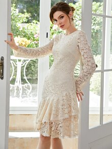 Zip Back Layered Hem Lace Dress - Beige - View 5