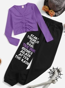 SHEIN Niñas Camiseta con cordón delantero & Pantalones deportivos con estampado de slogan - Multicolor - Ver 1