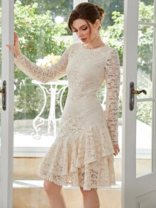 Zip Back Layered Hem Lace Dress - Beige - View 7