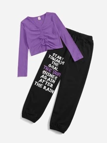 SHEIN Niñas Camiseta con cordón delantero & Pantalones deportivos con estampado de slogan - Multicolor - Ver 4