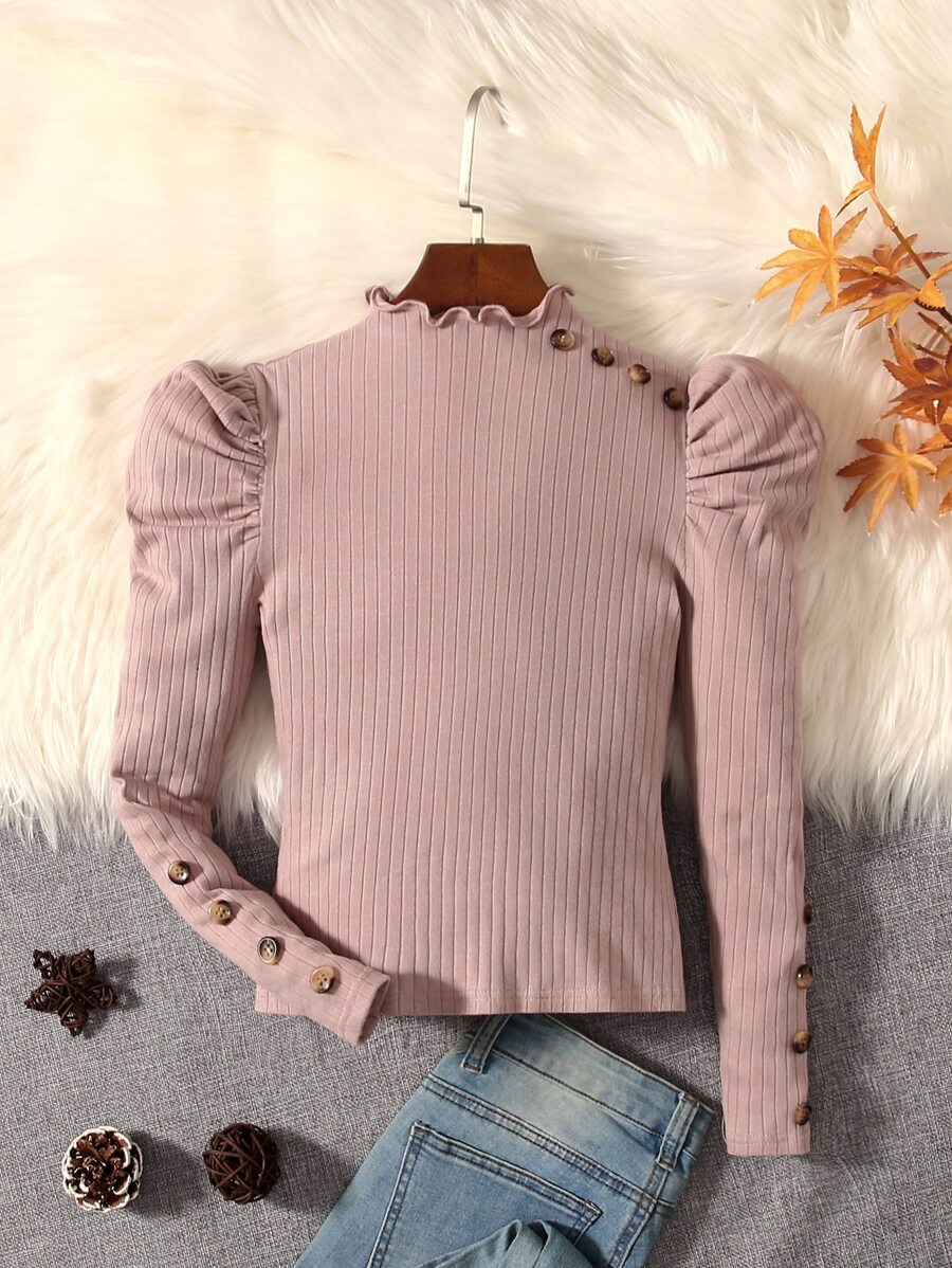 SHEIN Tween Girl Button Detail Mock Neck Tee - Dusty Pink - View 1