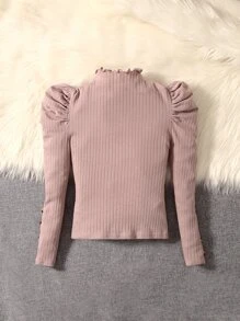 SHEIN Tween Girl Button Detail Mock Neck Tee - Dusty Pink - View 2