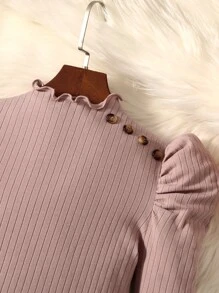 SHEIN Tween Girl Button Detail Mock Neck Tee - Dusty Pink - View 3