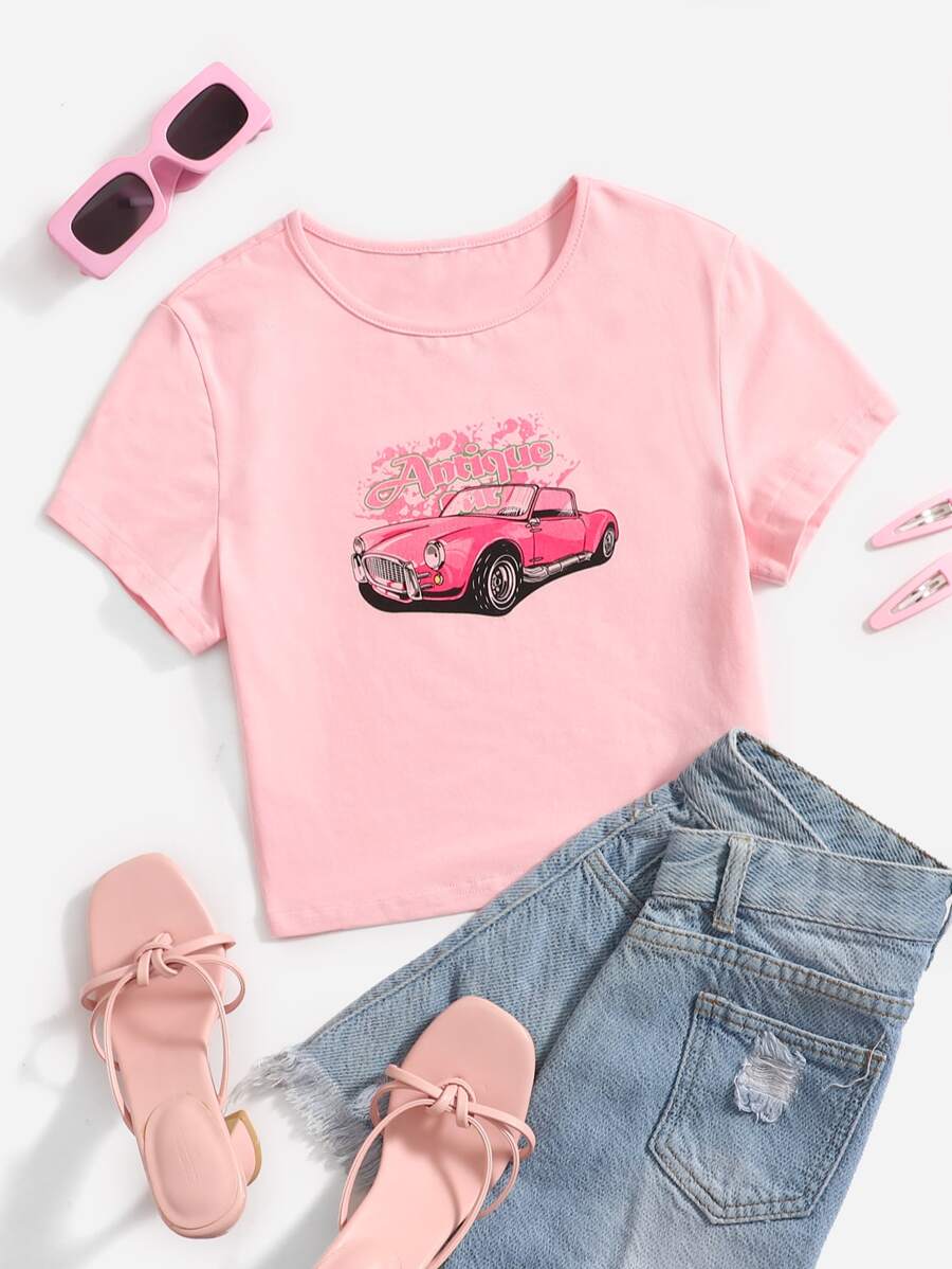 Muchica Car & Letter Graphic Crop Tee - Baby Pink - View 1
