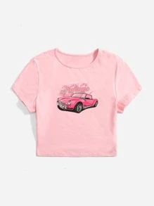 Muchica Car & Letter Graphic Crop Tee - Baby Pink - View 3