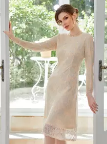 Zip Back Lace Overlay Dress - Beige - View 3