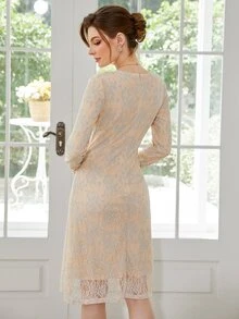 Zip Back Lace Overlay Dress - Beige - View 2