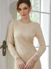 Zip Back Lace Overlay Dress - Beige - View 5