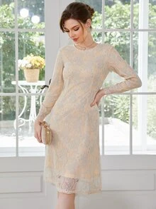 Zip Back Lace Overlay Dress - Beige - View 6