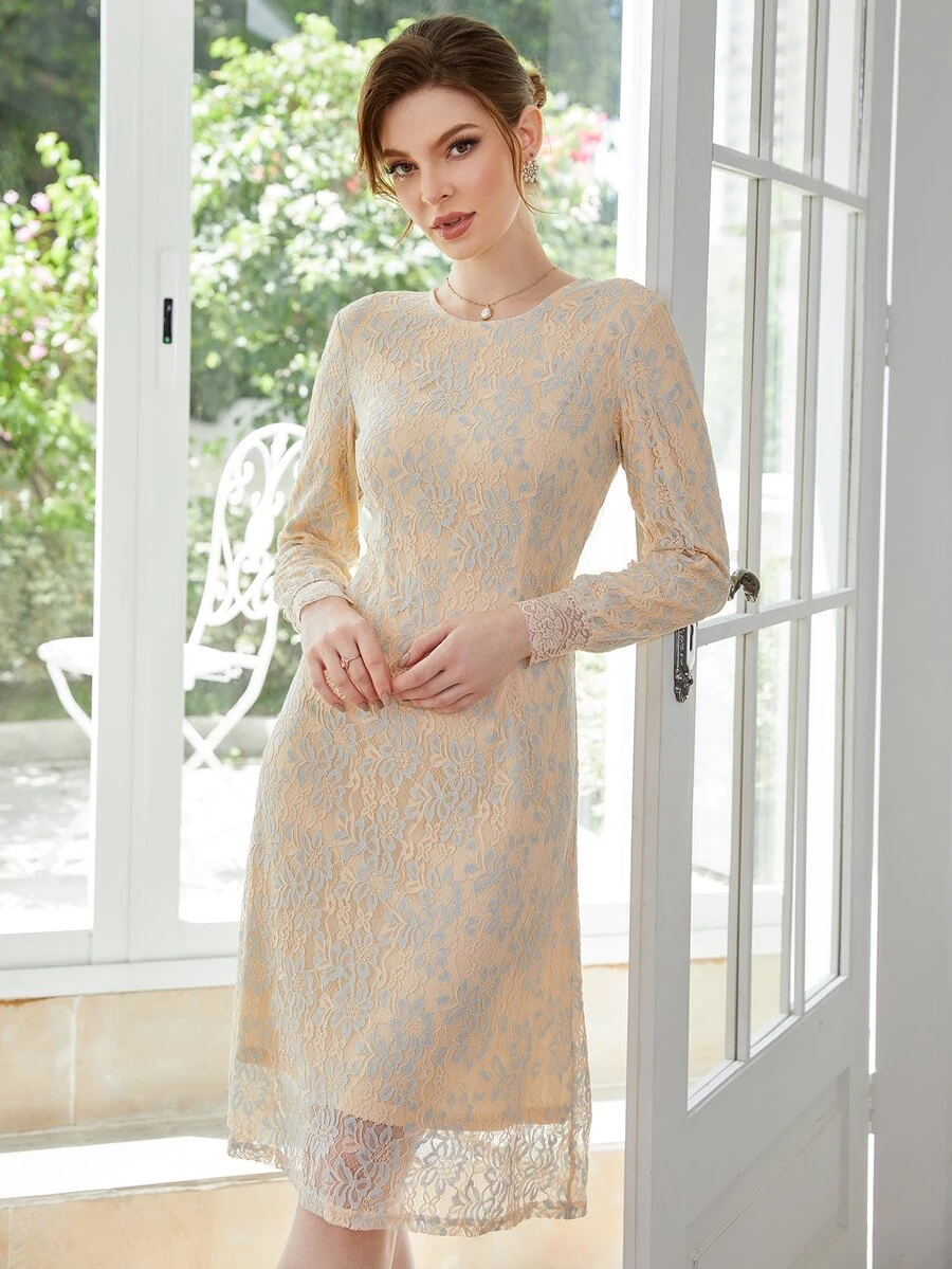 Zip Back Lace Overlay Dress - Beige - View 1
