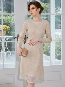 Zip Back Lace Overlay Dress - Beige - View 7