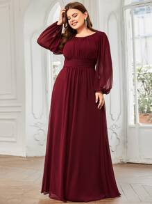 Plus Size Elegant Romantic A-Line Long Sleeve Burgundy Bridesmaid Dress, Autumn Wedding Guest Dress - Burgundy - View 5