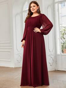 Plus Size Elegant Romantic A-Line Long Sleeve Burgundy Bridesmaid Dress, Autumn Wedding Guest Dress - Burgundy - View 6