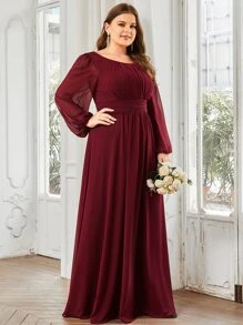 Plus Size Elegant Romantic A-Line Long Sleeve Burgundy Bridesmaid Dress, Autumn Wedding Guest Dress - Burgundy - View 7
