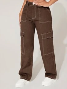 SHEIN PETITE 高腰翻蓋口袋工裝牛仔褲，小碼女款 - 咖啡棕 - 查看 4