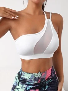 Easithlete One Shoulder Mesh Insert Sports Bra - White - View 3
