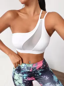 Easithlete One Shoulder Mesh Insert Sports Bra - White - View 4