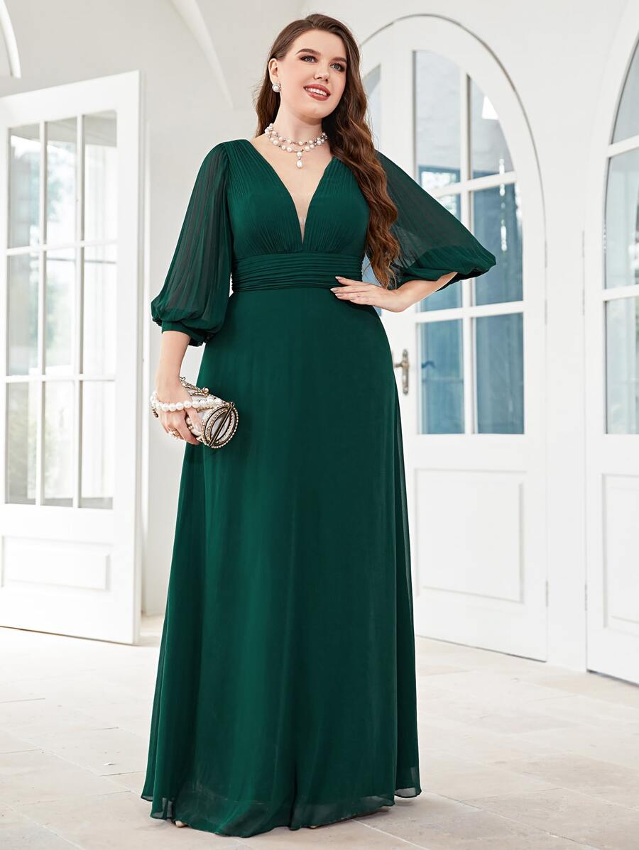 SHEIN Belle Plus Ruched Lantern Sleeve Chiffon Bridesmaid Dress - Teal Blue - View 1