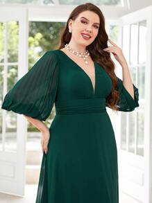 SHEIN Belle Plus Ruched Lantern Sleeve Chiffon Bridesmaid Dress - Teal Blue - View 3