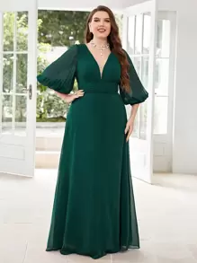 SHEIN Belle Plus Ruched Lantern Sleeve Chiffon Bridesmaid Dress - Teal Blue - View 4