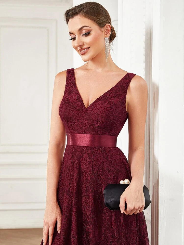 EVERPRETTY Zip Back Hanky Hem Lace Bridesmaid Dress Wedding Guest Dress, Semi Formal Dress - Maroon - View 5