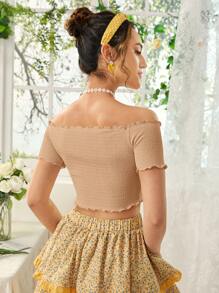 Soleia Lettuce Trim Off Shoulder Tee - Apricot - View 2