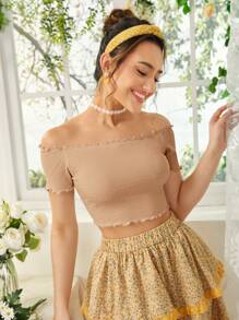 Soleia Lettuce Trim Off Shoulder Tee - Apricot - View 3