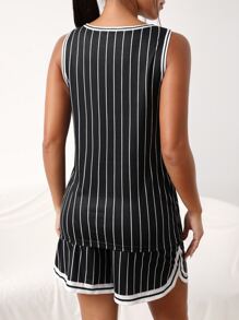 SHEIN EZwear Bộ đồ hai mảnh nữ Lá thư Sọc Thể thao - màu đen - Xem 2