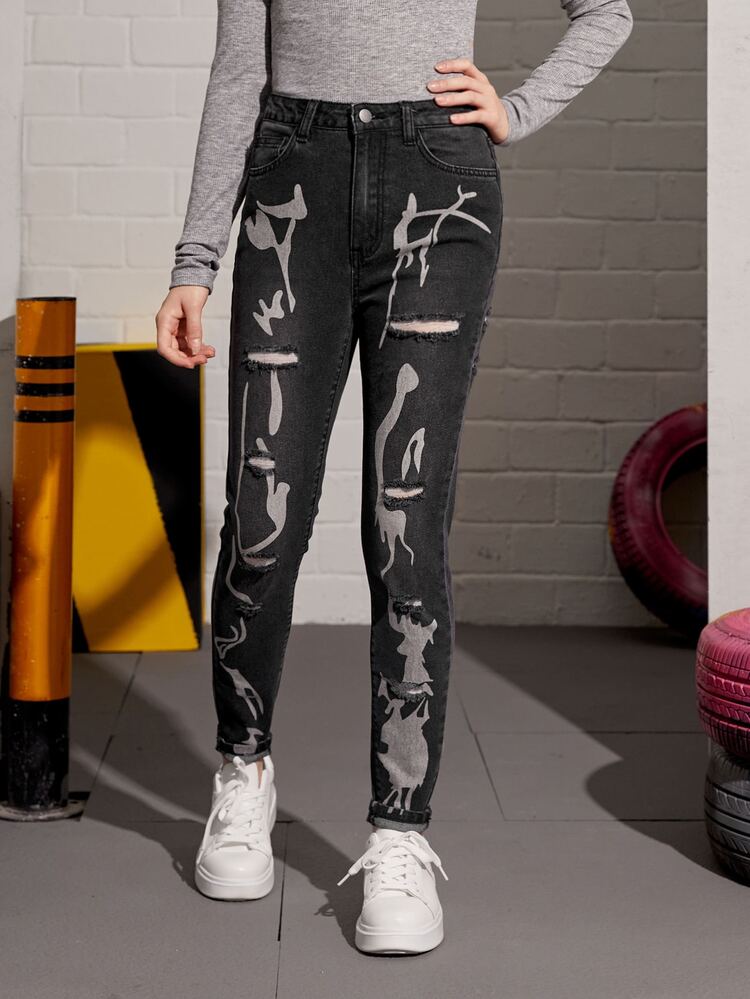 Teen Girls Graphic Print Ripped Jeans
