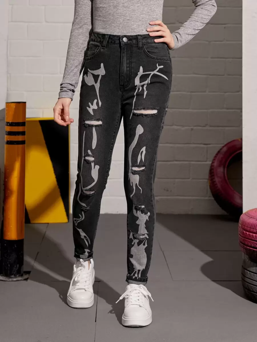 SHEIN Teen Girls Graphic Print Ripped Jeans - Dark Grey - View 1