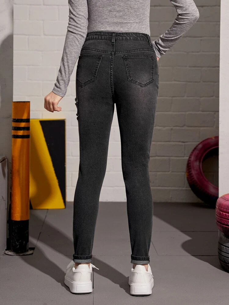 Teen Girls Graphic Print Ripped Jeans