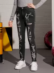 SHEIN Teen Girls Graphic Print Ripped Jeans - Dark Grey - View 4