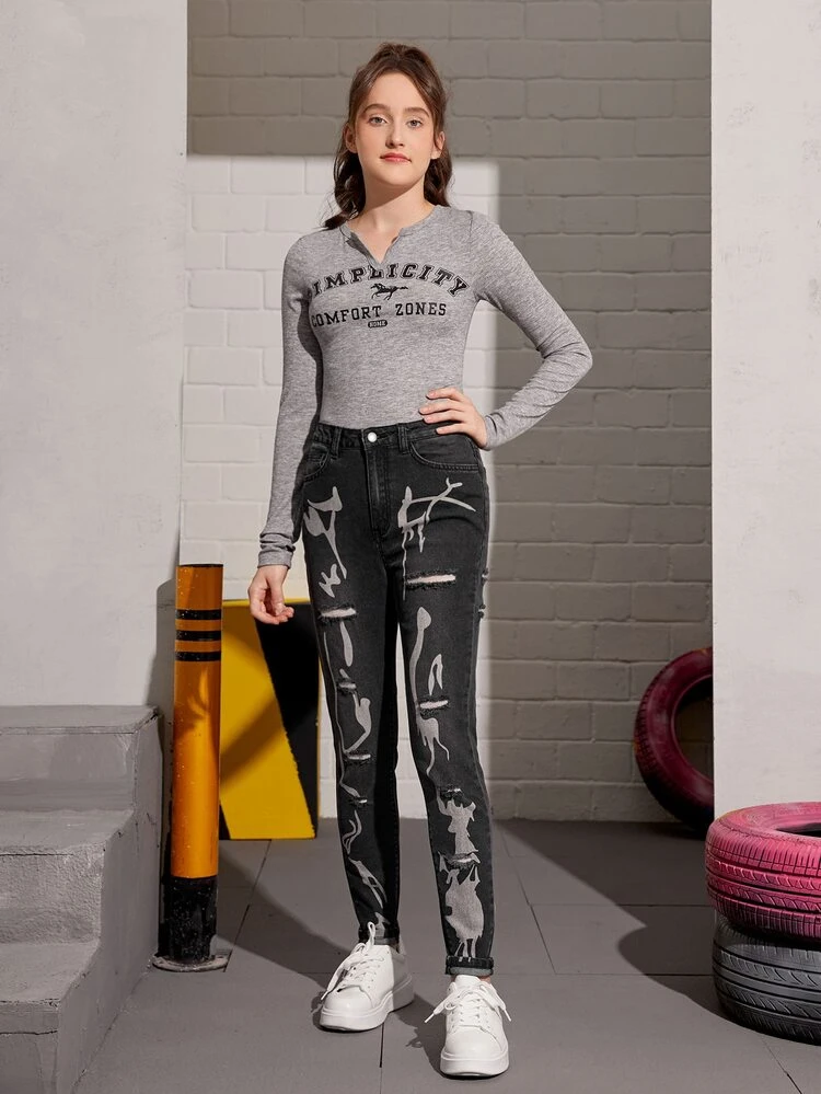 Teen Girls Graphic Print Ripped Jeans
