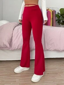 SHEIN PETITE Quần nữ Cắt ra màu trơn Giải trí - Màu Hoa hồng đỏ - Xem 4