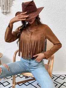 Fringe Trim Crop Faux Suede Jacket - Brown - View 5