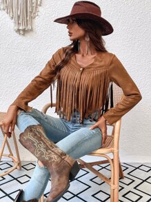 Fringe Trim Crop Faux Suede Jacket - Brown - View 1