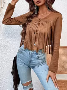 Fringe Trim Crop Faux Suede Jacket - Brown - View 4