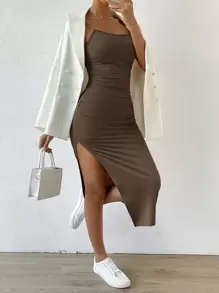 SHEIN Essnce Twist Backless Split Thigh Cami Dress - Brown - View 4