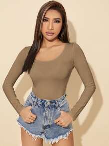 SHEIN PETITE Solid Scoop Neck Slim Tee - Mocha Brown - View 1