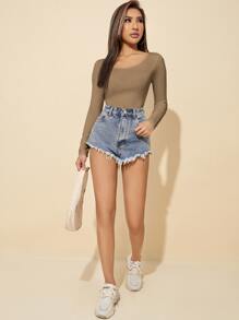 SHEIN PETITE Solid Scoop Neck Slim Tee - Mocha Brown - View 4