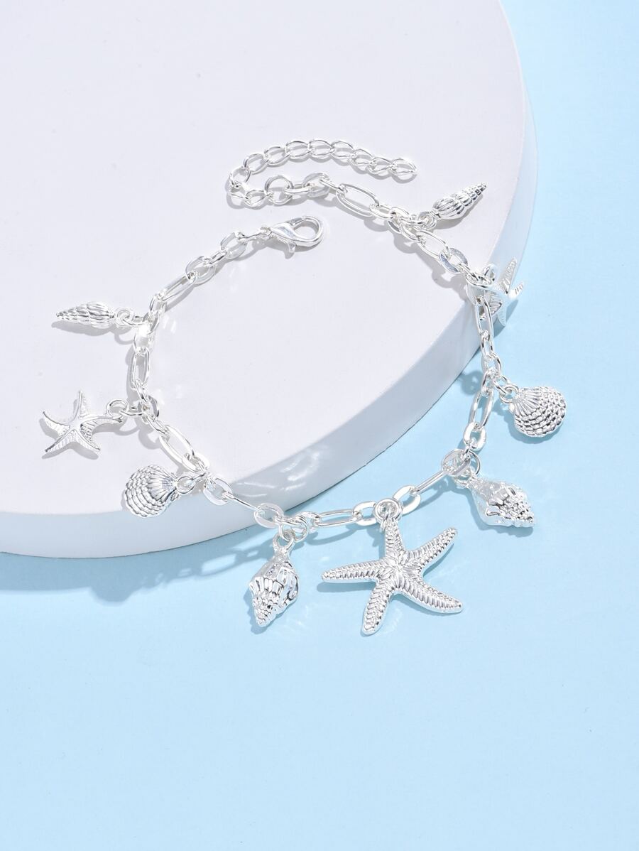 Starfish & Conch Charm Anklet - Silver - View 1