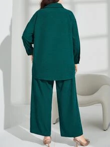 Mulvari Plus Letter Patched Drop Shoulder Shirt & Trousers - Dark Green - View 2