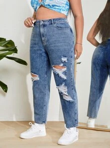 SHEIN ICON Plus High Waist Ripped Mom Fit Jeans - Medium Wash - View 1